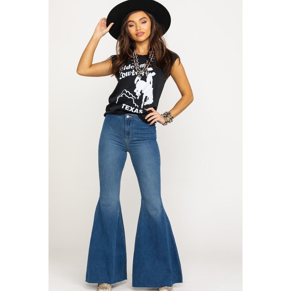 We The Free People Just Float On Flare Jeans Medium Wash Raw Hem Size 25 70's